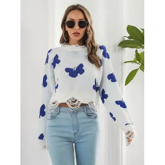 Distressed Butterfly Cropped Sweater.
