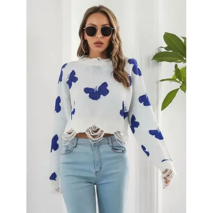 Distressed Butterfly Cropped Sweater.