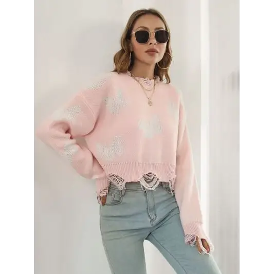 Distressed Butterfly Cropped Sweater.