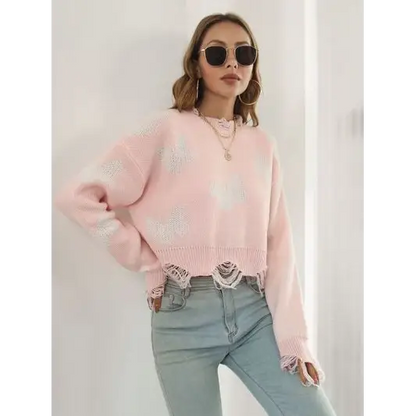 Distressed Butterfly Cropped Sweater.