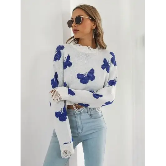 Distressed Butterfly Cropped Sweater.