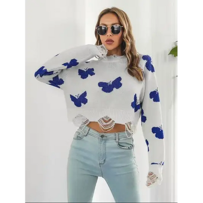 Distressed Butterfly Cropped Sweater.