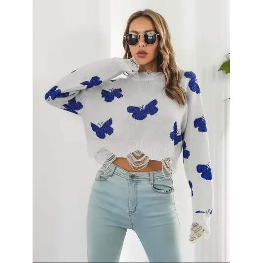 Distressed Butterfly Cropped Sweater.