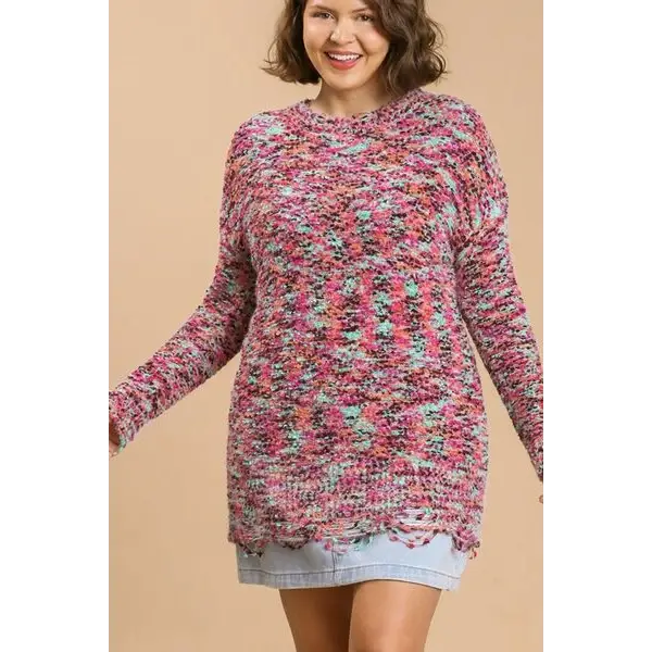 Distressed Hem Multicolored Round Neck Knit Tunic Dress.