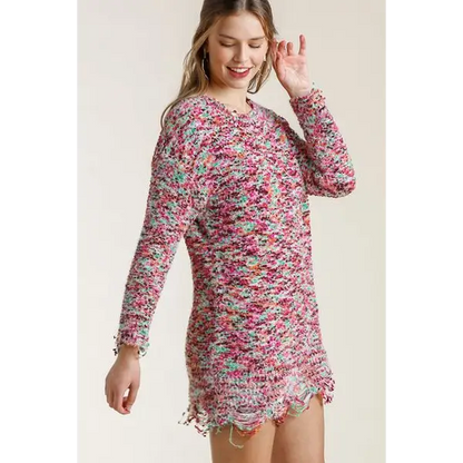 Distressed Hem Multicolored Round Neck Knit Tunic Dress.