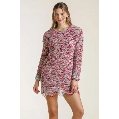 Distressed Hem Multicolored Round Neck Knit Tunic Dress.