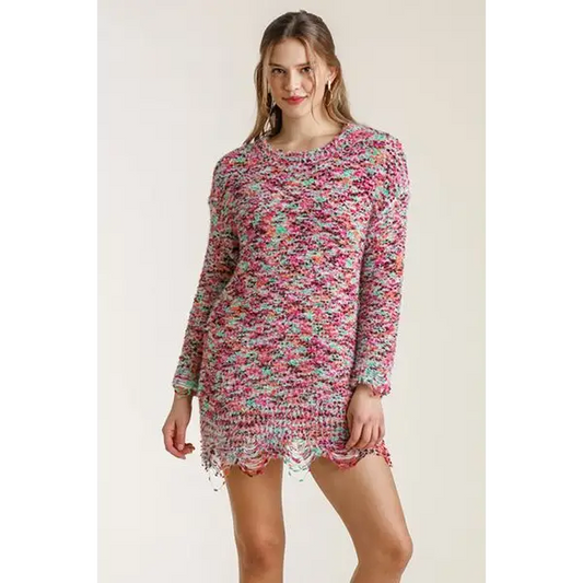 Distressed Hem Multicolored Round Neck Knit Tunic Dress.