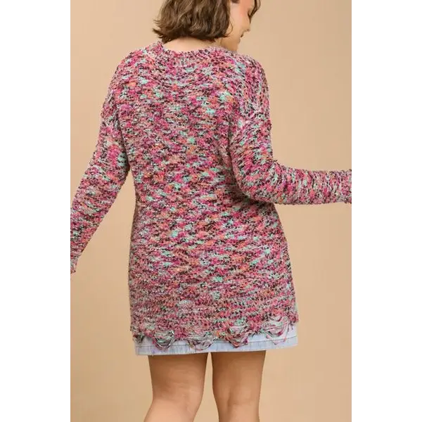 Distressed Hem Multicolored Round Neck Knit Tunic Dress.