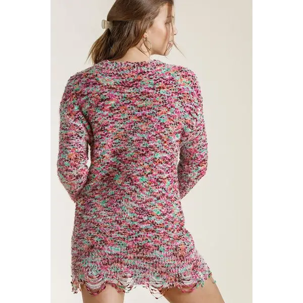 Distressed Hem Multicolored Round Neck Knit Tunic Dress.