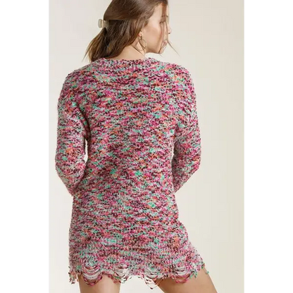 Distressed Hem Multicolored Round Neck Knit Tunic Dress.