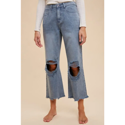Distressed Raw Hem Jeans.