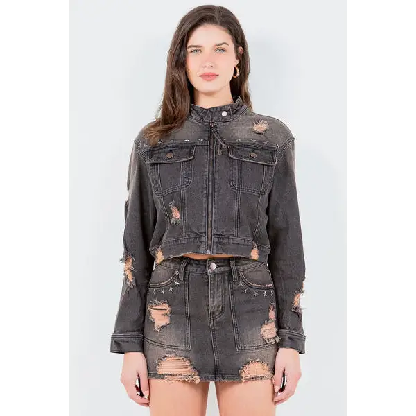 Distressed Star Stud Trim Denim Rider Jacket.