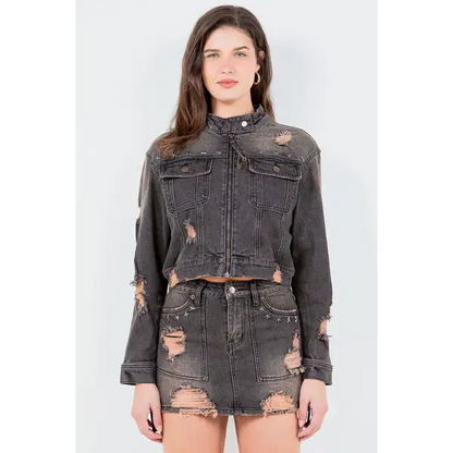 Distressed Star Stud Trim Denim Rider Jacket.