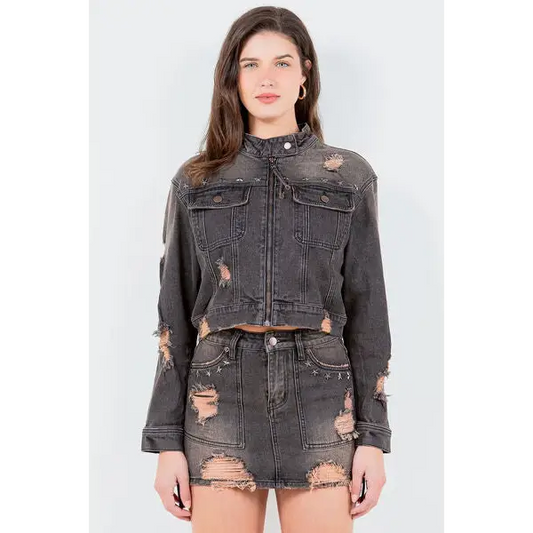 Distressed Star Stud Trim Denim Rider Jacket.