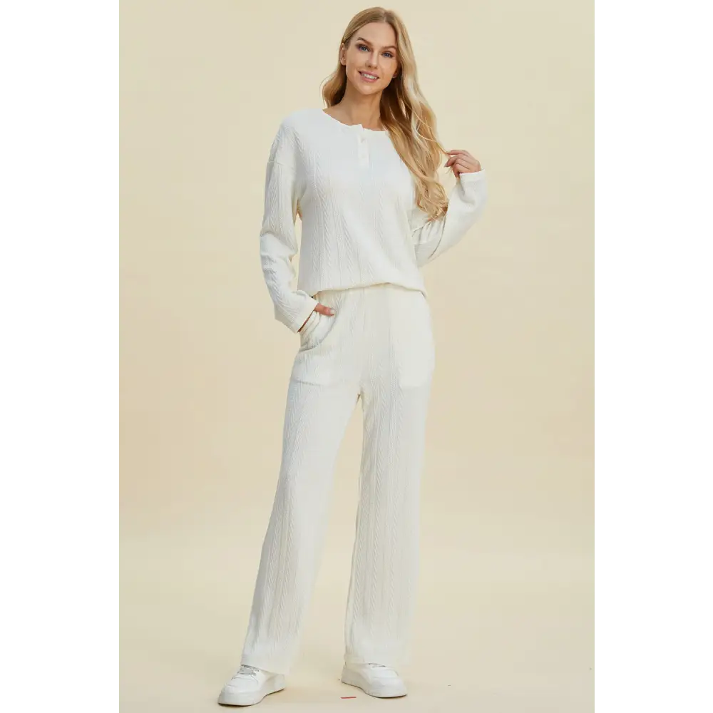 Double Take Full Size Cable-Knit Long Sleeve Top and Pants Set.