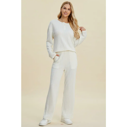 Double Take Full Size Cable-Knit Long Sleeve Top and Pants Set.