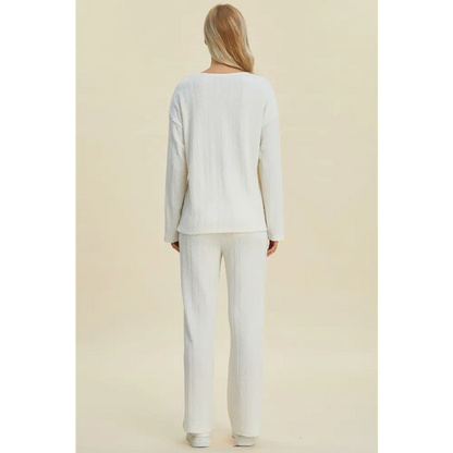 Double Take Full Size Cable-Knit Long Sleeve Top and Pants Set.