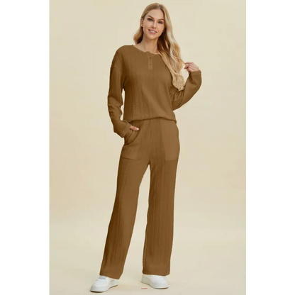 Double Take Full Size Cable-Knit Long Sleeve Top and Pants Set.