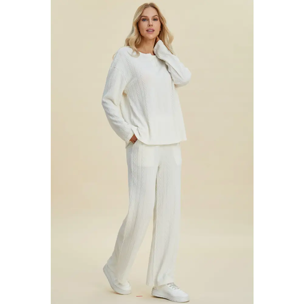 Double Take Full Size Cable-Knit Long Sleeve Top and Pants Set.