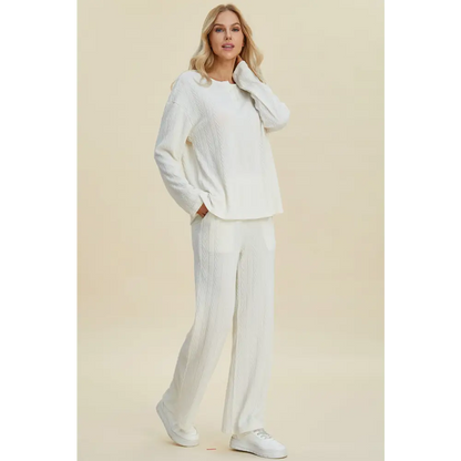 Double Take Full Size Cable-Knit Long Sleeve Top and Pants Set.