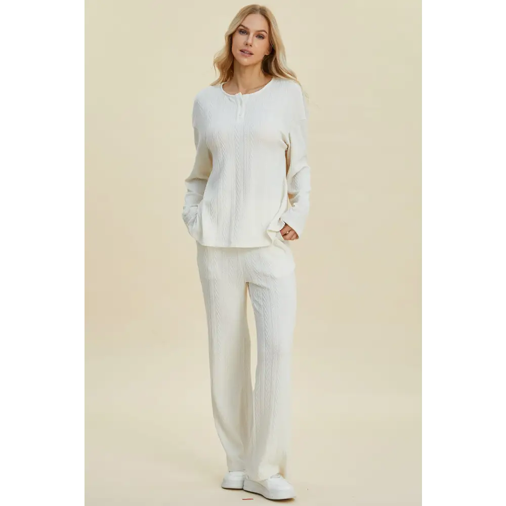 Double Take Full Size Cable-Knit Long Sleeve Top and Pants Set.