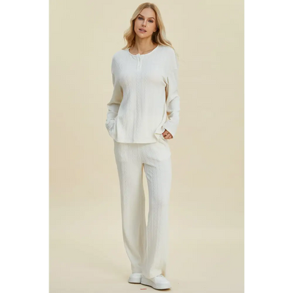 Double Take Full Size Cable-Knit Long Sleeve Top and Pants Set.