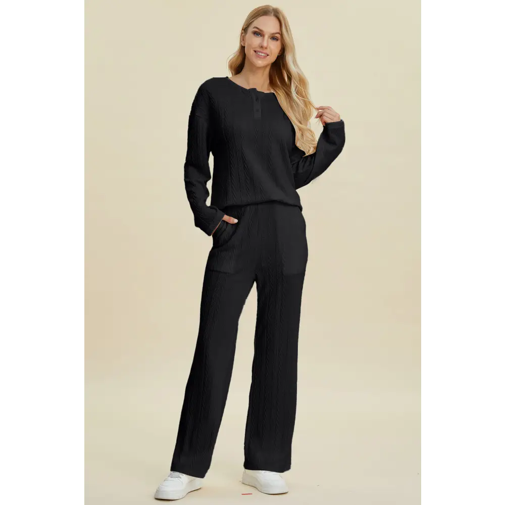 Double Take Full Size Cable-Knit Long Sleeve Top and Pants Set.