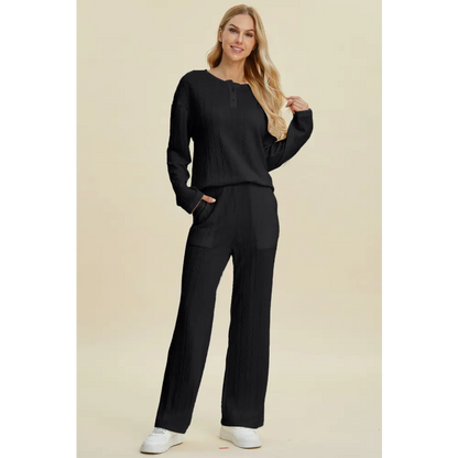 Double Take Full Size Cable-Knit Long Sleeve Top and Pants Set.