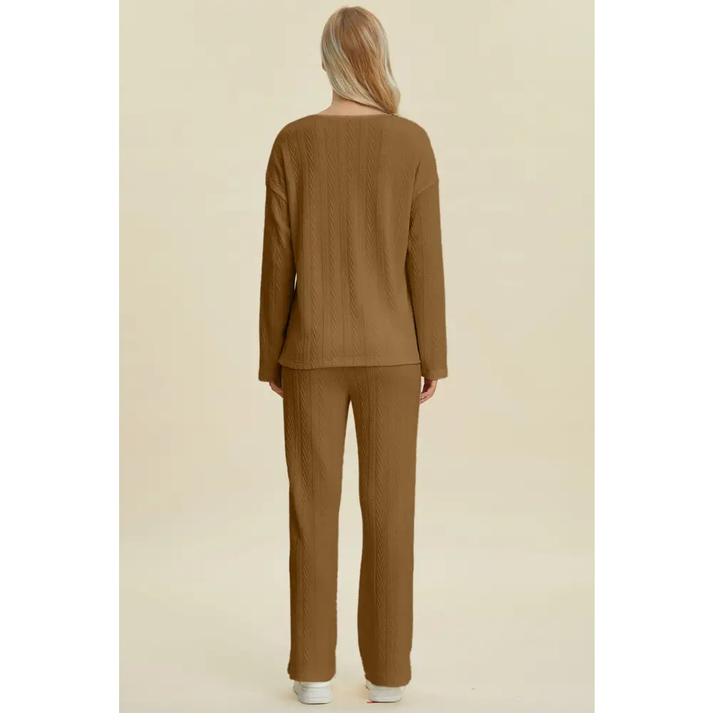 Double Take Full Size Cable-Knit Long Sleeve Top and Pants Set.