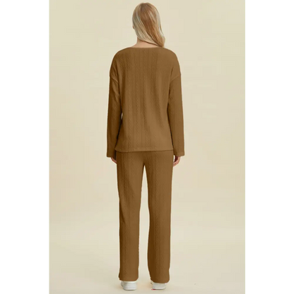 Double Take Full Size Cable-Knit Long Sleeve Top and Pants Set.