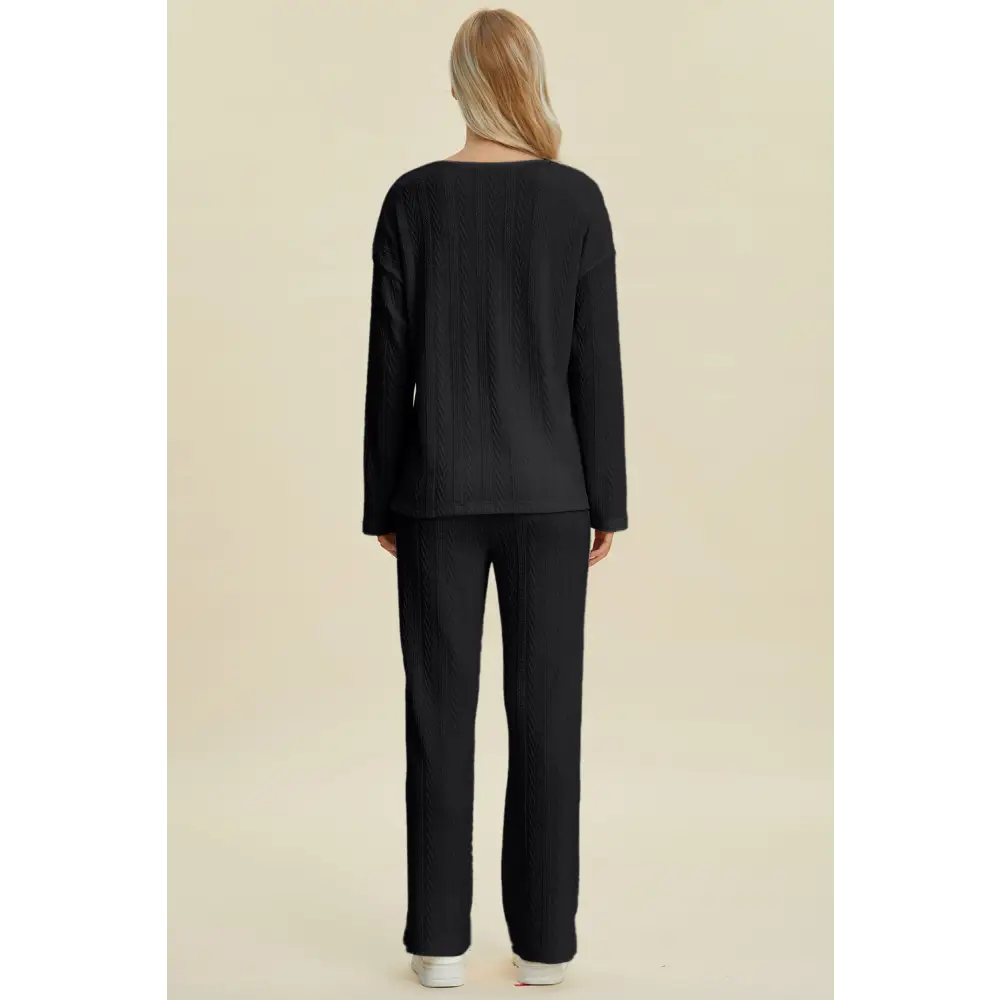 Double Take Full Size Cable-Knit Long Sleeve Top and Pants Set.