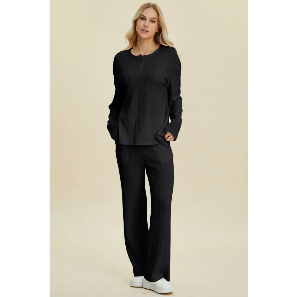 Double Take Full Size Cable-Knit Long Sleeve Top and Pants Set.