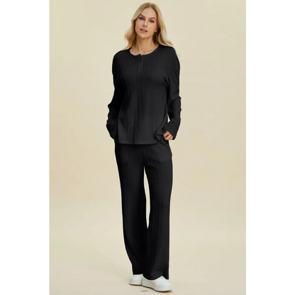 Double Take Full Size Cable-Knit Long Sleeve Top and Pants Set.