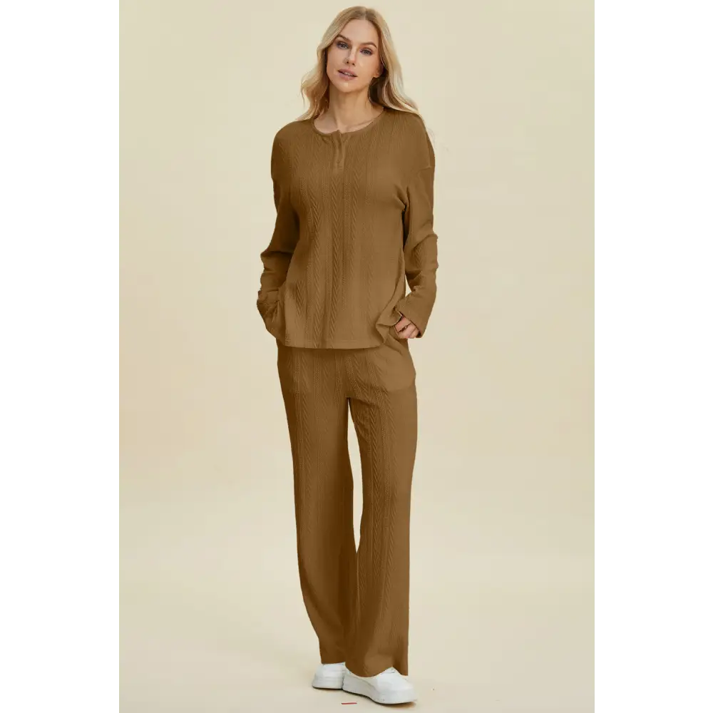 Double Take Full Size Cable-Knit Long Sleeve Top and Pants Set.