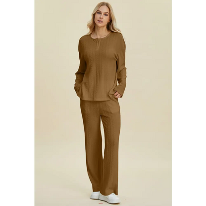 Double Take Full Size Cable-Knit Long Sleeve Top and Pants Set.