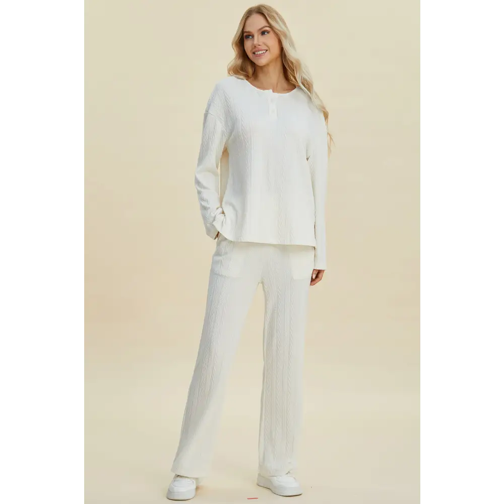 Double Take Full Size Cable-Knit Long Sleeve Top and Pants Set.