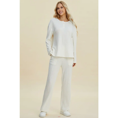 Double Take Full Size Cable-Knit Long Sleeve Top and Pants Set.