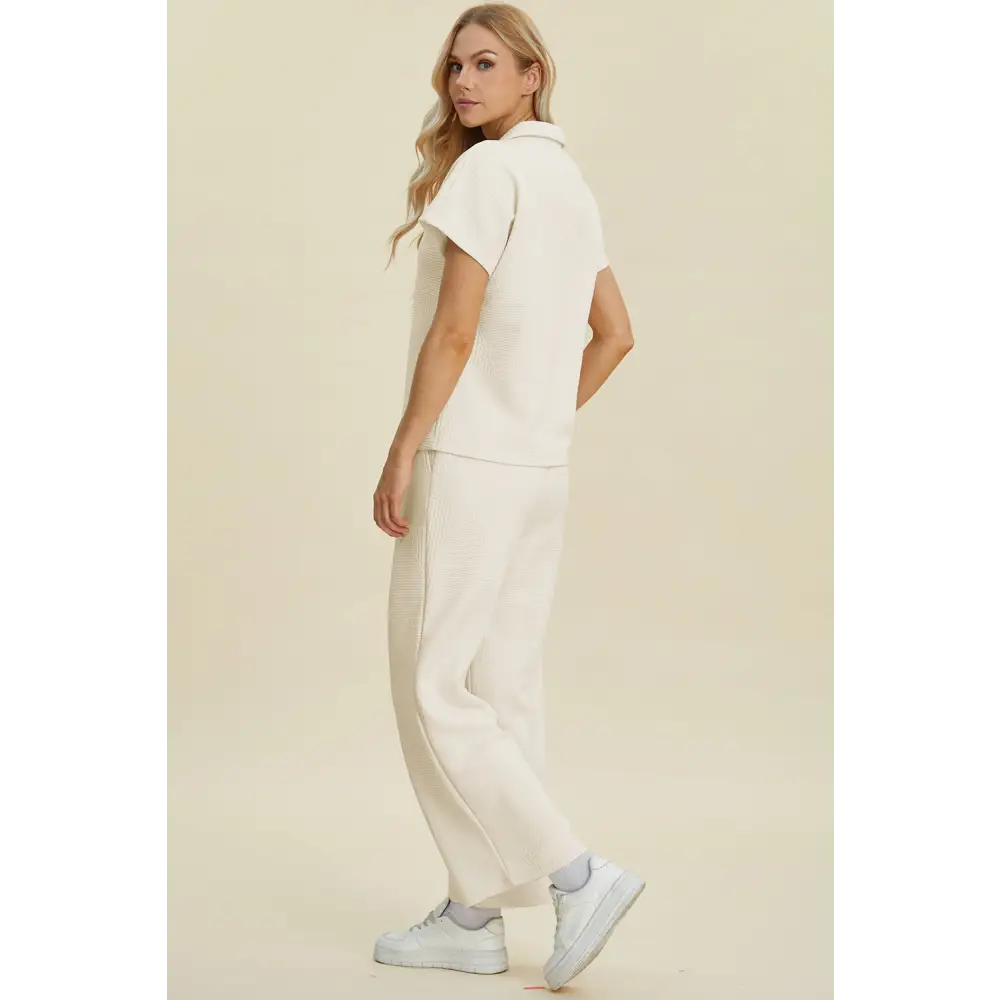 Double Take Full Size Collared Neck Short Sleeve Top and Pants Set.