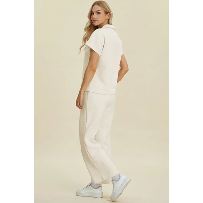 Double Take Full Size Collared Neck Short Sleeve Top and Pants Set.