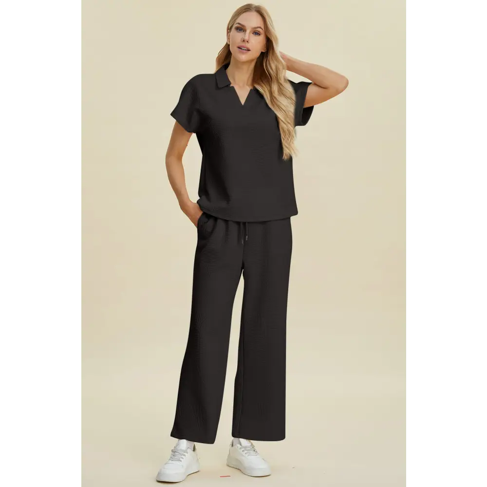 Double Take Full Size Collared Neck Short Sleeve Top and Pants Set.