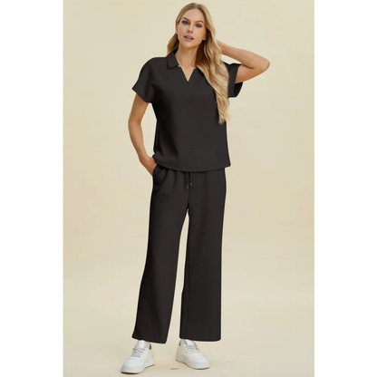 Double Take Full Size Collared Neck Short Sleeve Top and Pants Set.