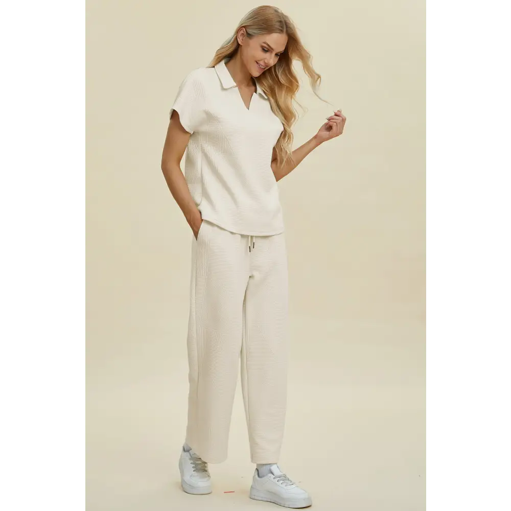 Double Take Full Size Collared Neck Short Sleeve Top and Pants Set.