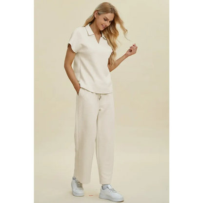 Double Take Full Size Collared Neck Short Sleeve Top and Pants Set.