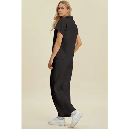 Double Take Full Size Collared Neck Short Sleeve Top and Pants Set.