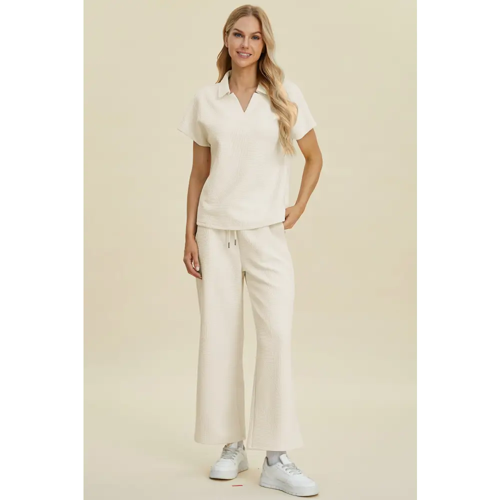 Double Take Full Size Collared Neck Short Sleeve Top and Pants Set.