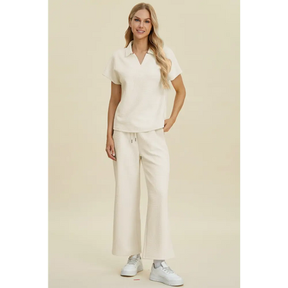 Double Take Full Size Collared Neck Short Sleeve Top and Pants Set.