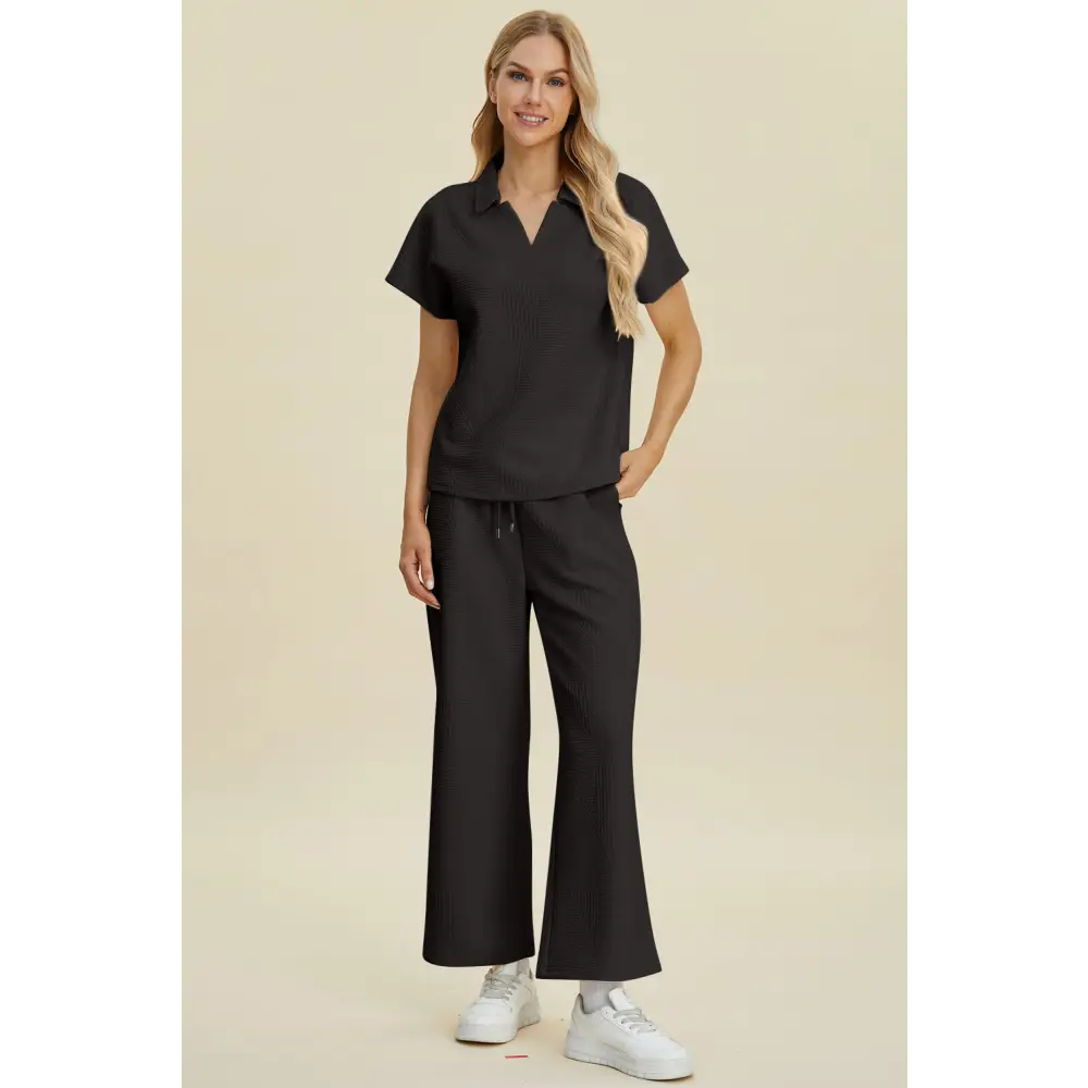 Double Take Full Size Collared Neck Short Sleeve Top and Pants Set.