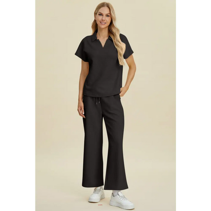 Double Take Full Size Collared Neck Short Sleeve Top and Pants Set.