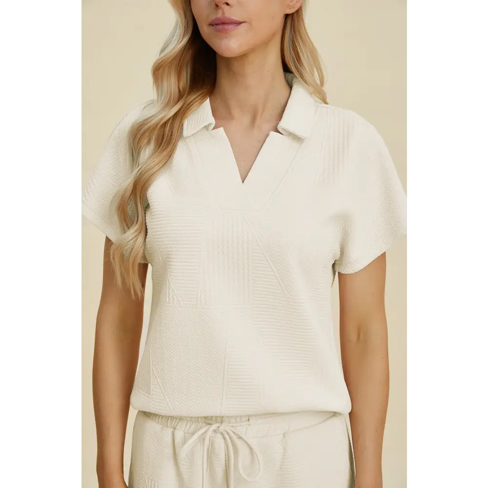 Double Take Full Size Collared Neck Short Sleeve Top and Pants Set.