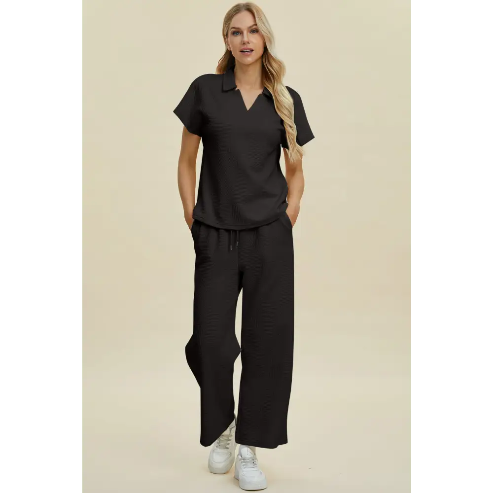 Double Take Full Size Collared Neck Short Sleeve Top and Pants Set.